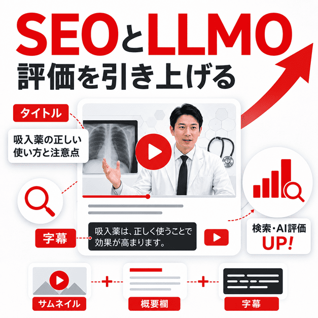 動画タイトル、概要欄、字幕、サムネイルを整え、SEOとLLMO評価を高める流れを表したイラスト