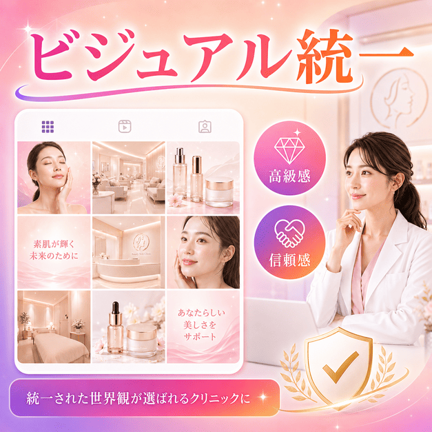 統一された9マスグリッドと上質なビジュアルで美容皮膚科のブランド感と信頼感を伝えるイメージ