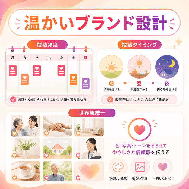 投稿頻度、投稿タイミング、ビジュアル統一によって訪問診療クリニックの温かいブランドを作るイラスト