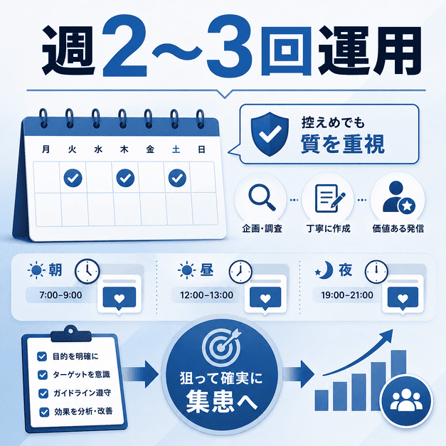 週2〜3回の投稿頻度と朝昼夜の配信時間を整理した再生医療クリニックのX運用イラスト