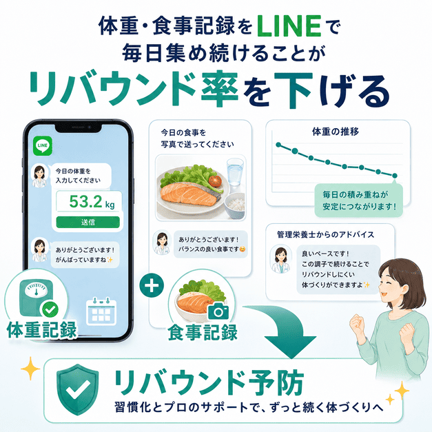 LINEで体重記録と食事記録を継続的に集め、管理栄養士の助言でリバウンド予防につなげるイラスト