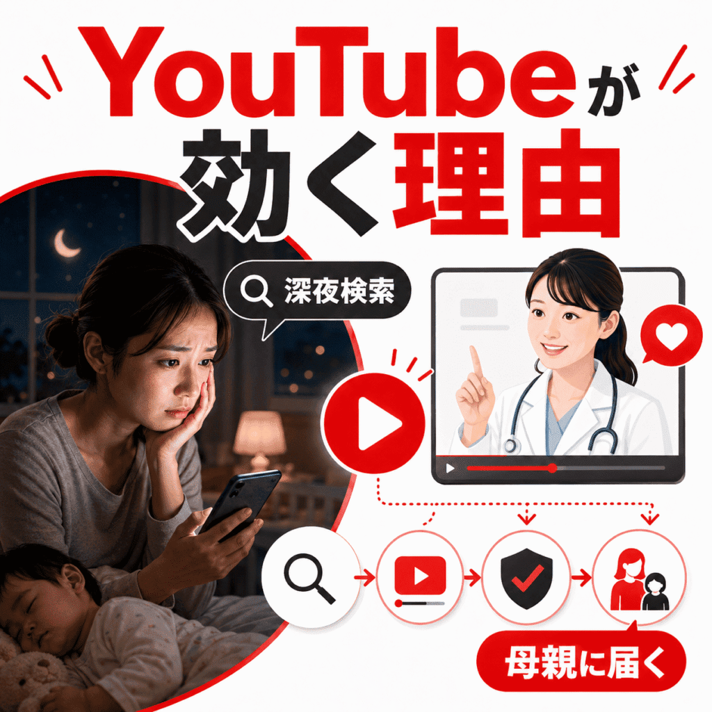 深夜に子どもの体調を心配してスマホ検索する母親へ、小児科医の動画が届く様子