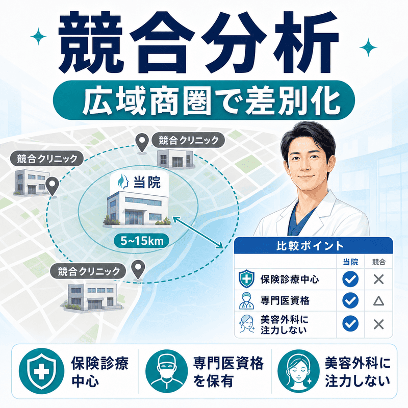 形成外科クリニックが広域商圏で競合分析を行い保険診療や専門医資格で差別化する図