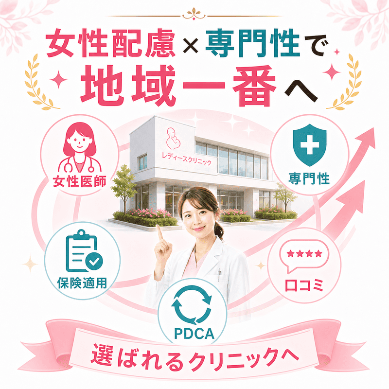 女性医師、専門性、保険適用、口コミ、PDCAを組み合わせて地域で選ばれる産婦人科を目指す図