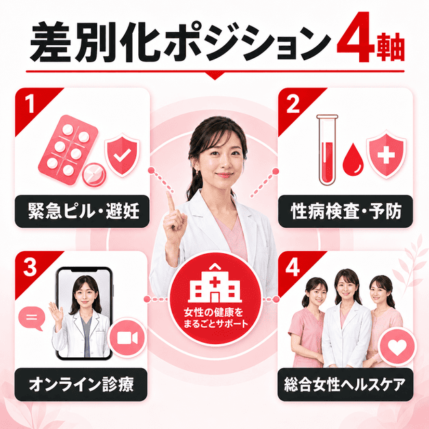 レディースクリニックの差別化ポジションとして、緊急ピル・性病検査・オンライン診療・総合女性ヘルスケアの4軸を整理した図