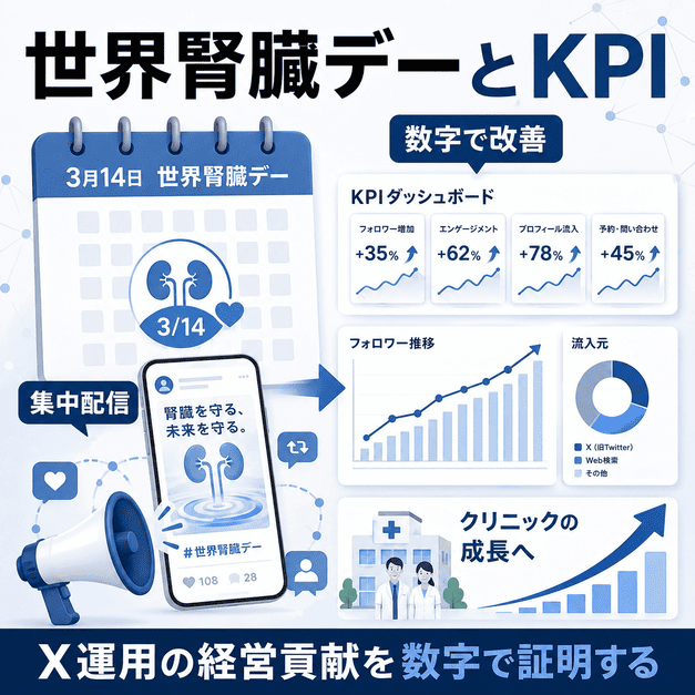 世界腎臓デーの集中配信とKPIダッシュボードにより、X運用の成果を数字で改善する様子を表した図解