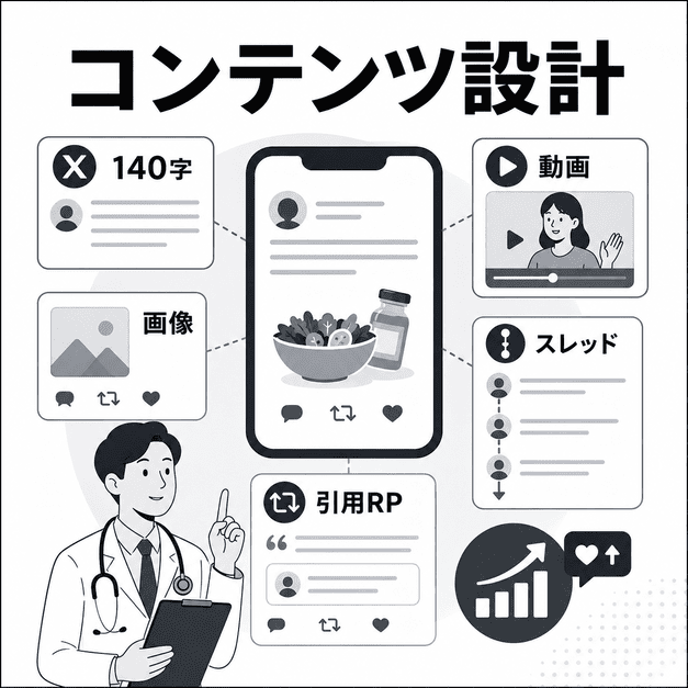 X運用で140字投稿・画像・動画・スレッド・引用RPを使い分けるコンテンツ設計のイラスト