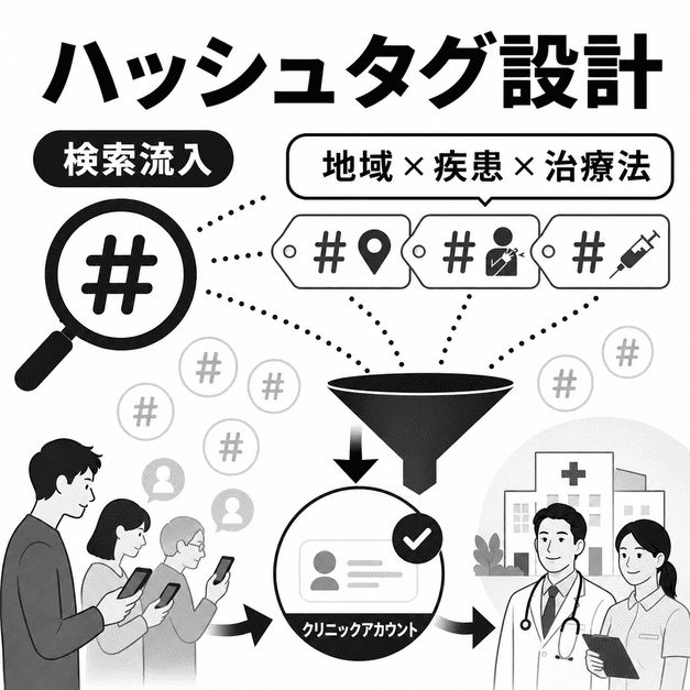 地域名、疾患名、治療法のハッシュタグ設計で検索流入からクリニックアカウントへ誘導する様子を表したイラスト