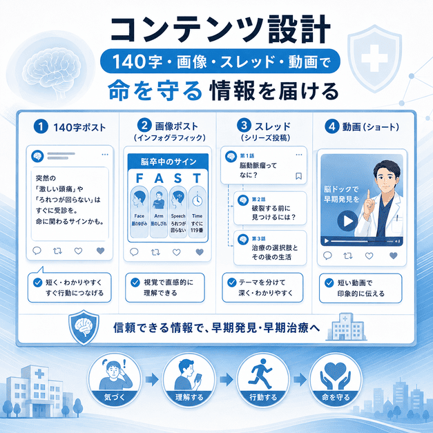 脳神経外科クリニックが140字ポスト・画像・スレッド・動画で命を守る情報を届けるコンテンツ設計のイラスト