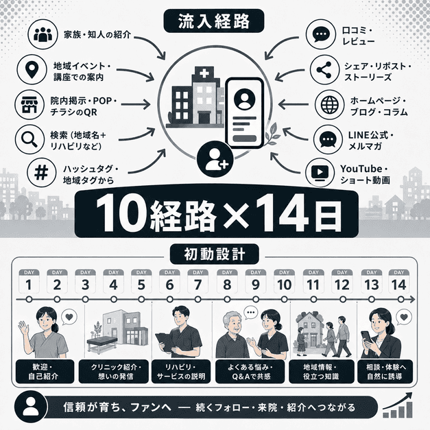 Xの10種類の流入経路と新規フォロワーを定着させる初動14日間の配信設計を示した図