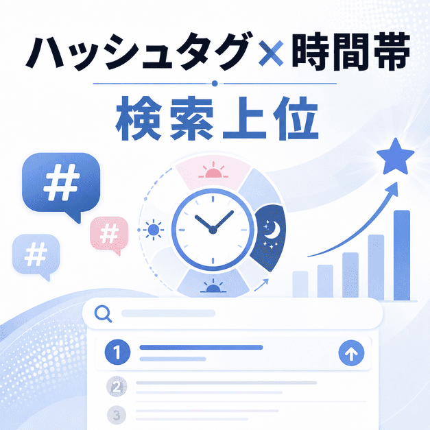 ハッシュタグ、配信時間帯、検索上位表示、投稿順位の改善を組み合わせたX運用戦略を表したイラスト