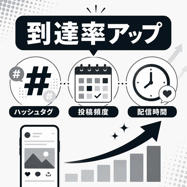 ハッシュタグ設計、投稿頻度、配信時間を最適化してXでの到達率を高めるイメージ