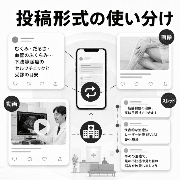 140字テキスト、画像、動画、スレッドを使い分けて下肢静脈瘤治療の情報を発信する様子を表したイラスト