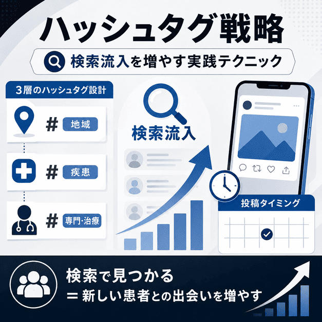 地域名や疾患名のハッシュタグと投稿タイミングで検索流入を増やす戦略の図解