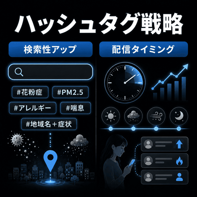 地域名や花粉症、PM2.5などのハッシュタグを活用し、検索性と配信タイミングを高める様子