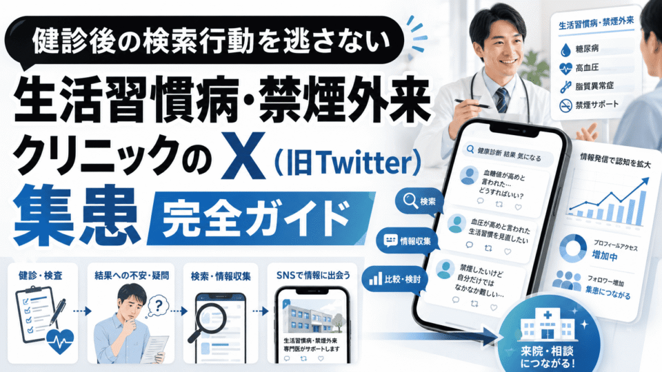 健診後に検索する患者をX運用で生活習慣病・禁煙外来クリニックの受診相談へつなげる流れを示したアイキャッチ画像