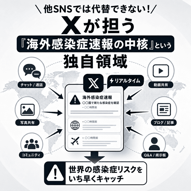 海外感染症速報を中心に、複数のSNS情報がX上の速報ハブへ集約される様子を示したイラスト