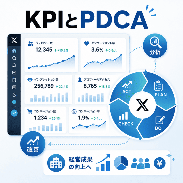 KPI分析とPDCAサイクルでX運用を改善し、クリニックの経営成果向上につなげるイラスト