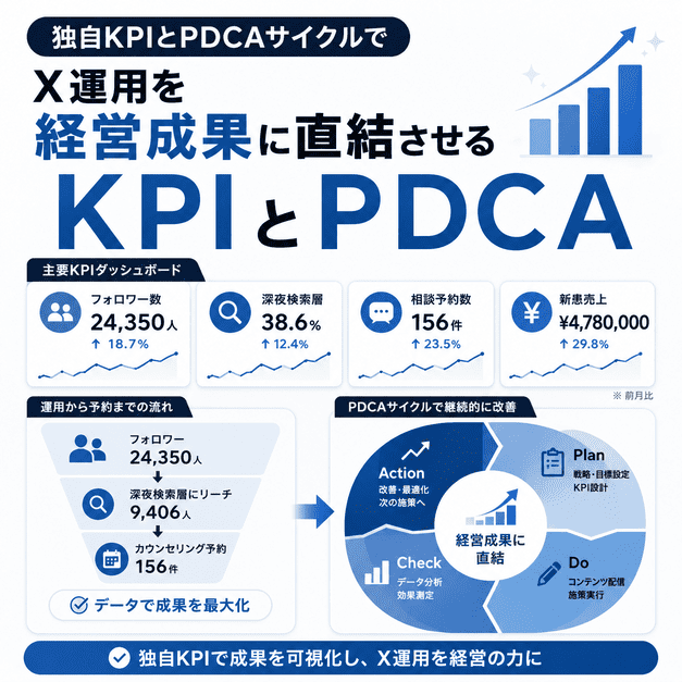 心療内科クリニックのX運用を独自KPIとPDCAサイクルで経営成果につなげるダッシュボード風イラスト
