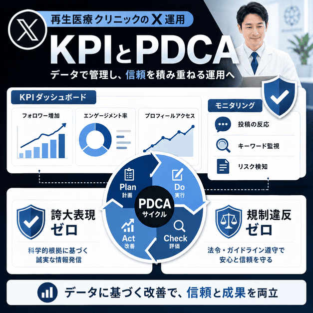 KPIダッシュボードとPDCAで誇大表現ゼロ・規制違反ゼロを管理するイラスト