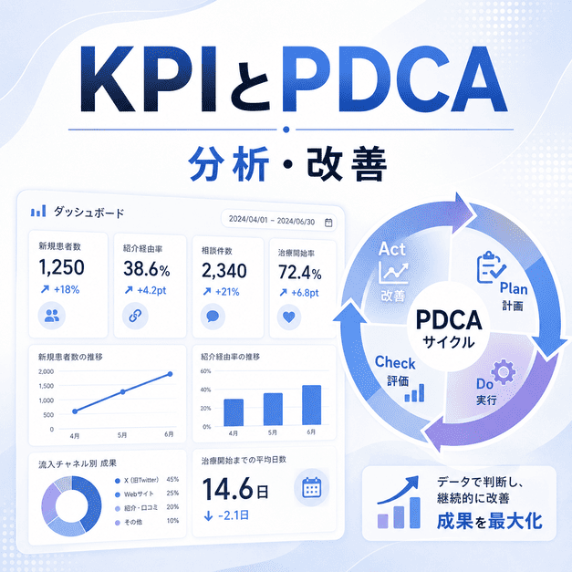 X運用のKPIをダッシュボードで分析し、PDCAサイクルで継続改善する流れを表したイラスト