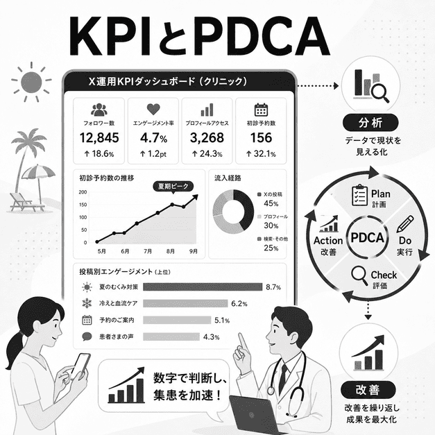 KPIダッシュボードとPDCAサイクルで下肢静脈瘤クリニックのX集患成果を分析・改善する様子を表したイラスト