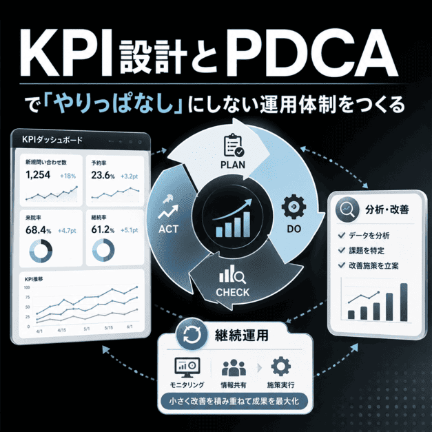 KPIダッシュボードとPDCAサイクルでX運用を継続的に改善する体制を示したイラスト