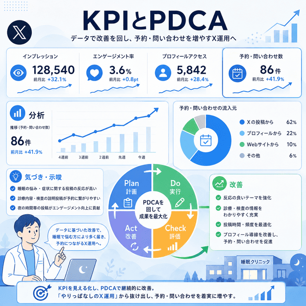 睡眠外来のX運用でKPIを分析しPDCAを回して予約や問い合わせを改善するイメージ