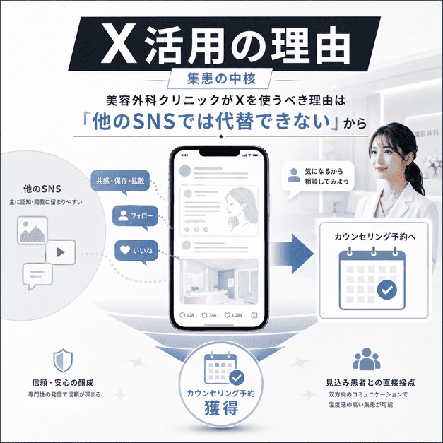 美容外科クリニックがXを集患の中核として活用し、投稿からカウンセリング予約につなげる流れを示したイラスト
