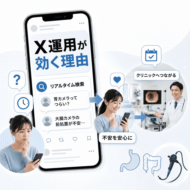 Xで内視鏡検査への不安を検索する患者がクリニック情報にたどり着く流れを示したイラスト