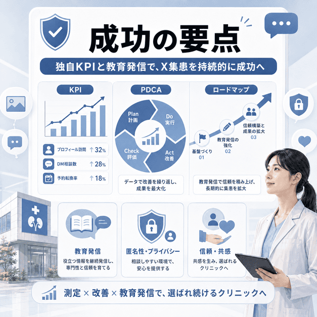 独自KPI、PDCA、ロードマップ、教育発信で泌尿器科・性病クリニックのX集患を成功へ導くまとめイラスト