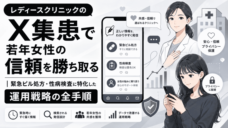 レディースクリニックのX集患で若年女性の信頼を得る運用戦略を、女性医師・スマホ・信頼やプライバシーの要素で表したアイキャッチ画像