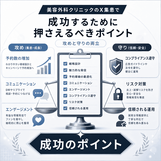 美容外科クリニックのX集患で必要な予約獲得とリスク管理の両立をまとめたイラスト