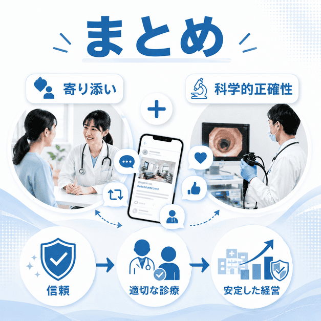 寄り添いと科学的正確性を両立したX運用で患者の信頼とクリニック経営を守るまとめイラスト
