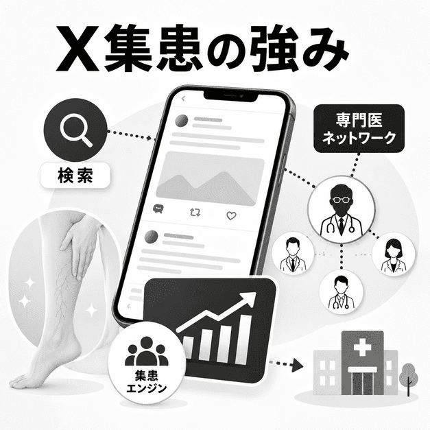 Xの検索流入、専門医ネットワーク、投稿拡散、予約増加を通じて下肢静脈瘤クリニックの集患力を表したイラスト