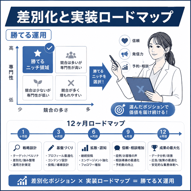 美容外科クリニックが差別化ポジションを選び、12ヶ月ロードマップでX運用を実装する流れを示したイラスト