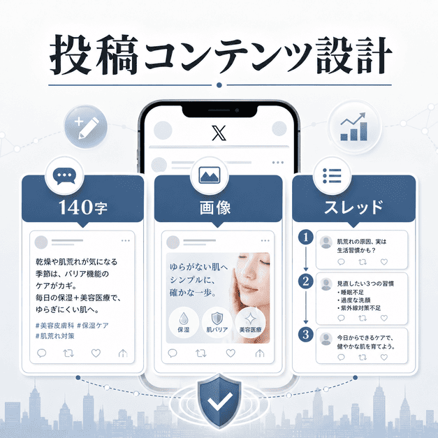 140字投稿、画像投稿、スレッドを使い分けてXの投稿コンテンツを設計するイメージ