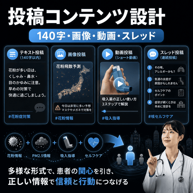 呼吸器内科クリニックが140字投稿、画像、動画、スレッドを使い分けて患者向け情報を発信する様子