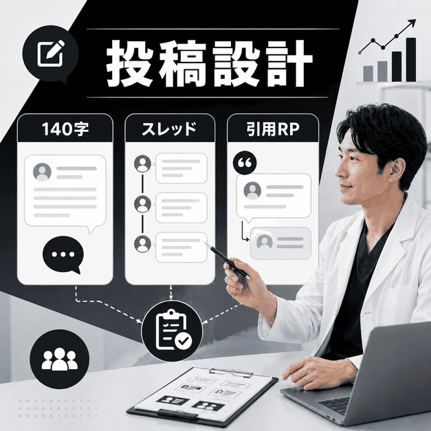 140字テキスト、スレッド、引用RPを使い分けるX投稿コンテンツ設計を表したイラスト