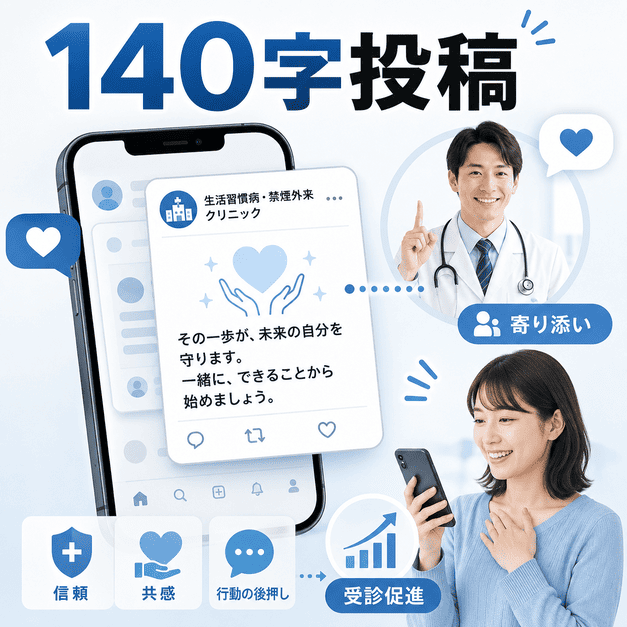 140字投稿で患者に寄り添い、信頼や共感を生みながら受診促進につなげる様子を示したイラスト