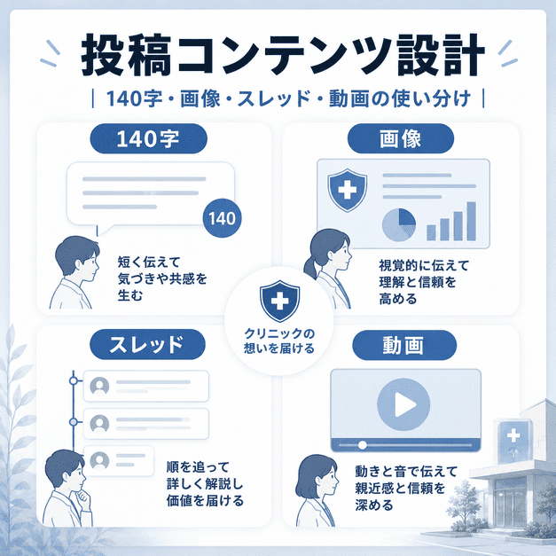 140字投稿、画像、スレッド、動画を使い分ける泌尿器科・性病クリニックの投稿コンテンツ設計イラスト