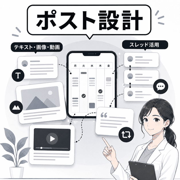 140字テキスト・画像・動画・スレッドを使い分けるXポスト設計を、投稿カードや女性医師の説明で表したイラスト