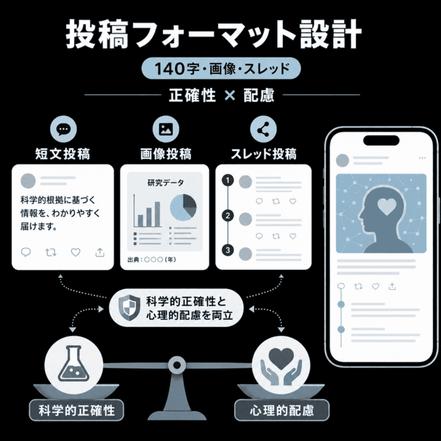 140字投稿・画像投稿・スレッド投稿で科学的正確性と心理的配慮を両立する設計を示したイラスト