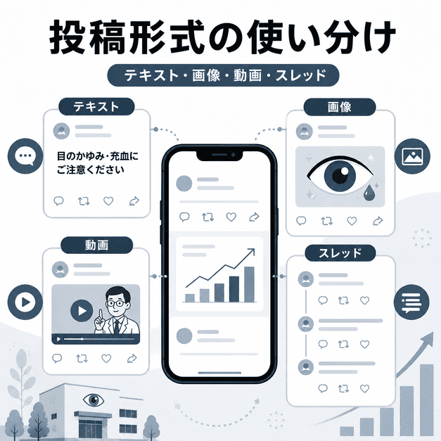 眼科クリニックのX投稿でテキスト、画像、動画、スレッドを目的別に使い分ける様子を示したイラスト
