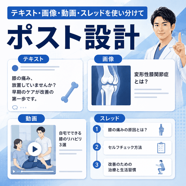 整形外科クリニックのX運用でテキスト、画像、動画、スレッドを使い分ける投稿設計を示したイラスト
