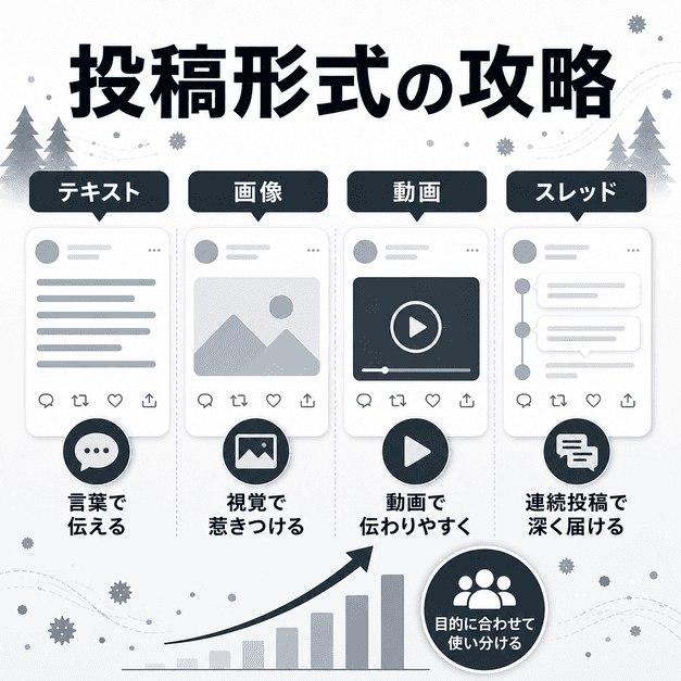 テキスト、画像、動画、スレッドなどX投稿形式を目的別に使い分ける方法を示したイラスト