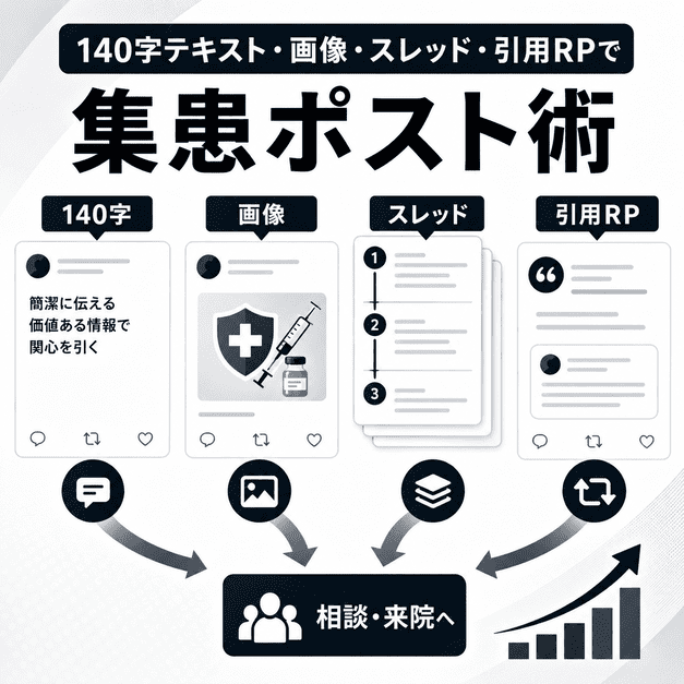 140字テキスト、画像、スレッド、引用RPを活用して相談や来院につなげるX投稿術を示したイラスト