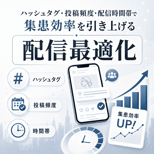 ハッシュタグ、投稿頻度、配信時間帯を最適化して美容皮膚科の集患効率を高めるイメージ