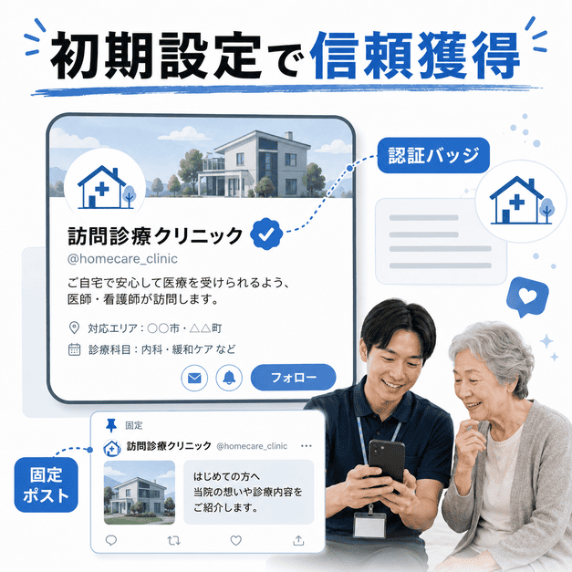 X公式アカウントのプロフィールや認証バッジ、固定ポストを整えて信頼を高めるイメージ