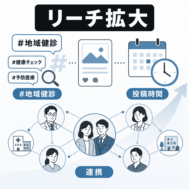 地域健診のハッシュタグ、投稿時間、医療ネットワーク連携でXのリーチを広げる図解